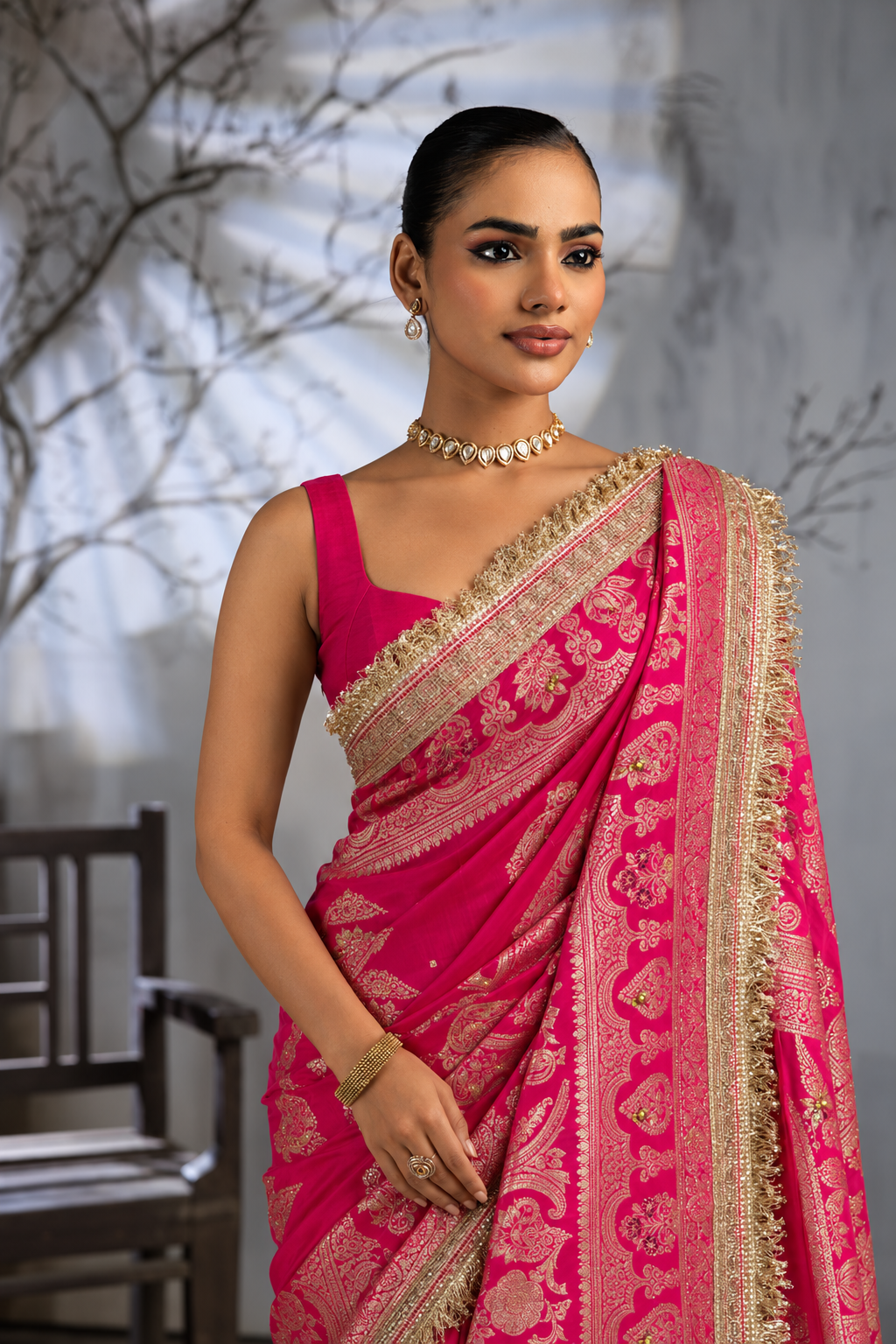 Fuchsia Pink Banarasi Silk Saree with Golden Zari Work & Gungroo Lace Border