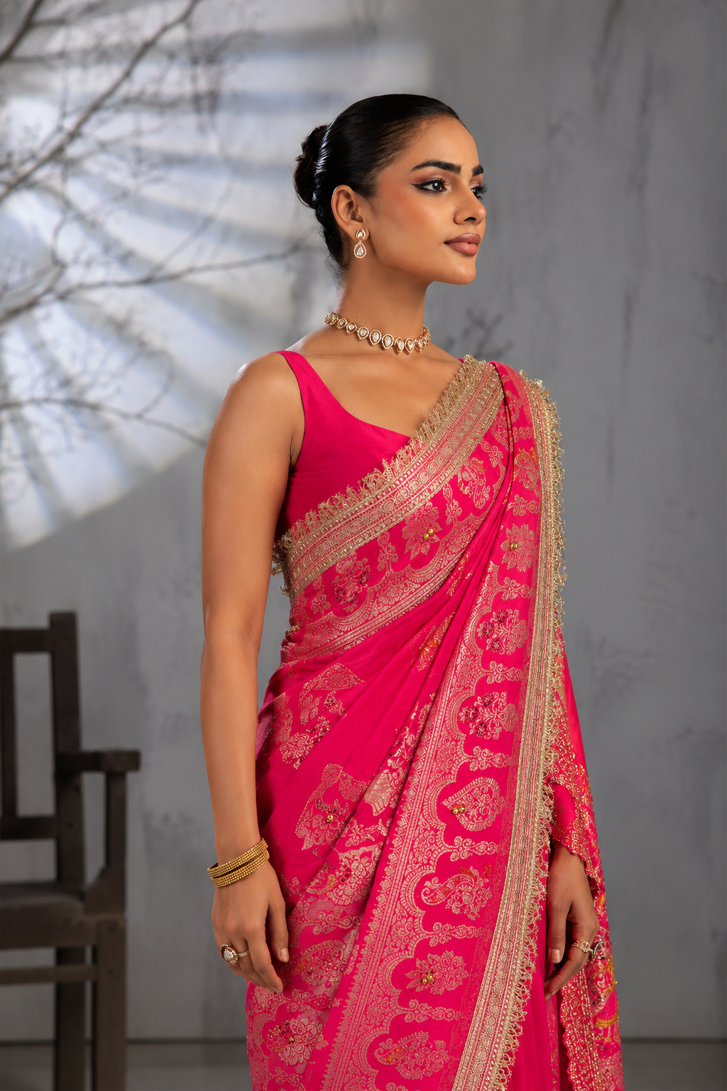 Fuchsia Pink Banarasi Silk Saree with Golden Zari Work & Gungroo Lace Border