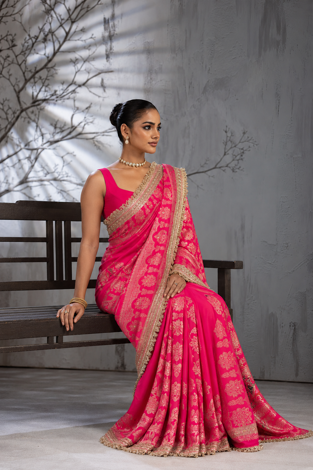 Fuchsia Pink Banarasi Silk Saree with Golden Zari Work & Gungroo Lace Border