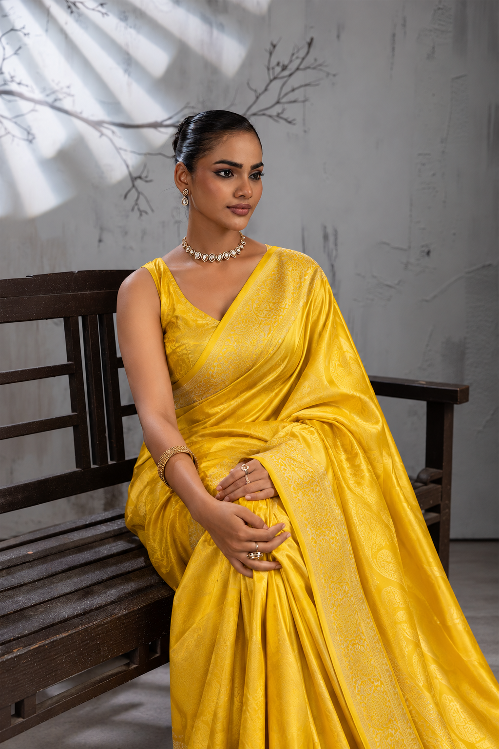 Yellow Sattin Mungha Silk Saree with banarasi border