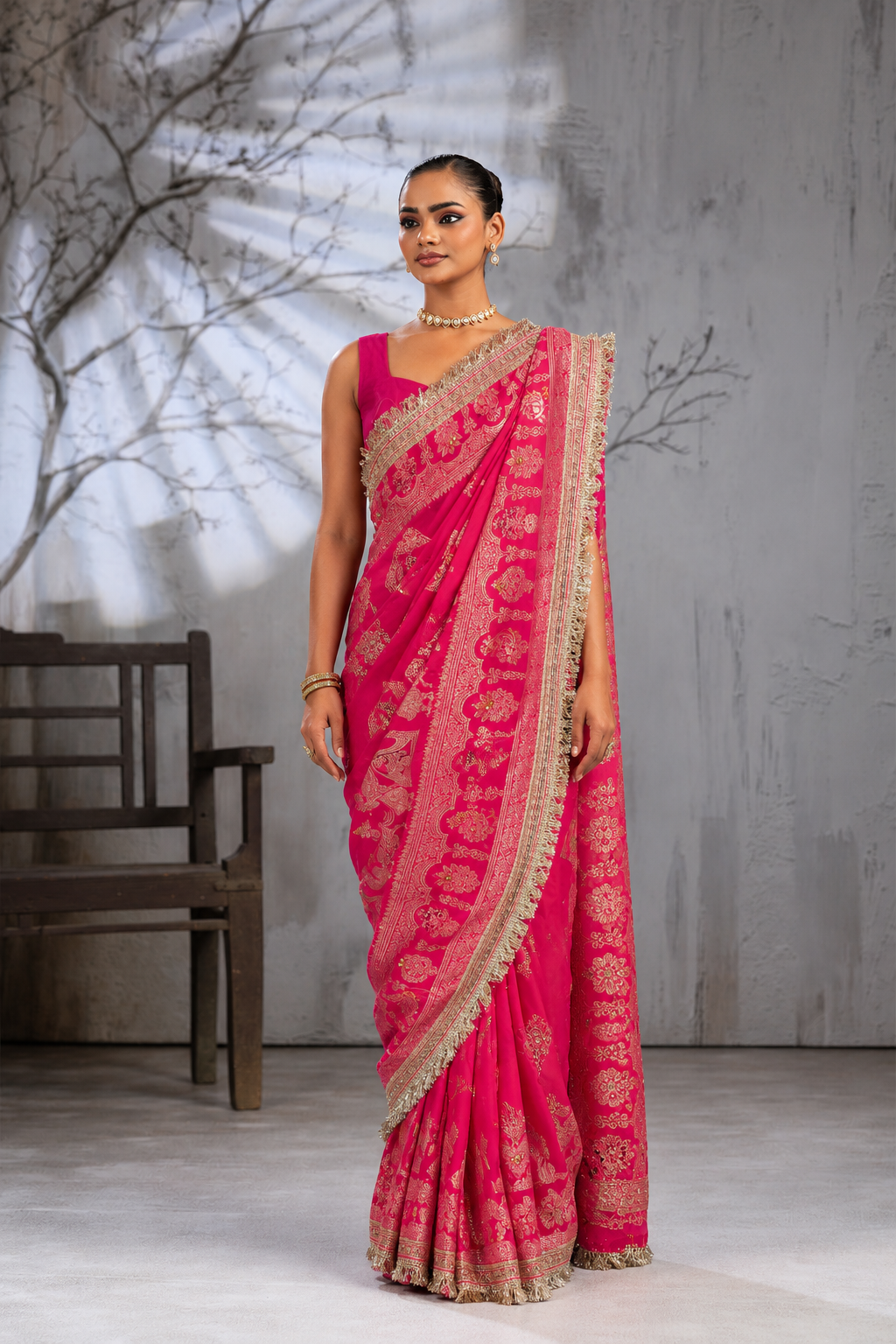 Fuchsia Pink Banarasi Silk Saree with Golden Zari Work & Gungroo Lace Border