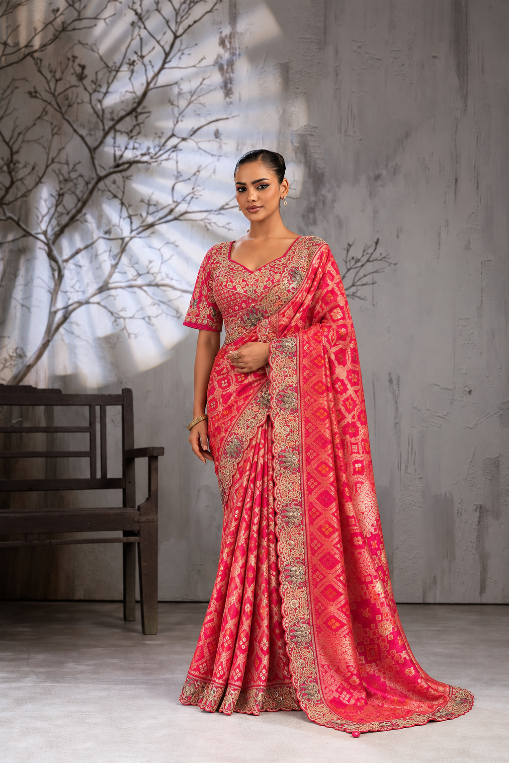 Red Silk Saree with Bandhani Print | Two Blouse Concept