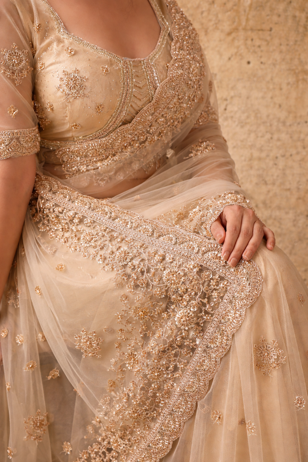 Beige Gold Net Saree with Hand Embroidery with Stitched Blouse