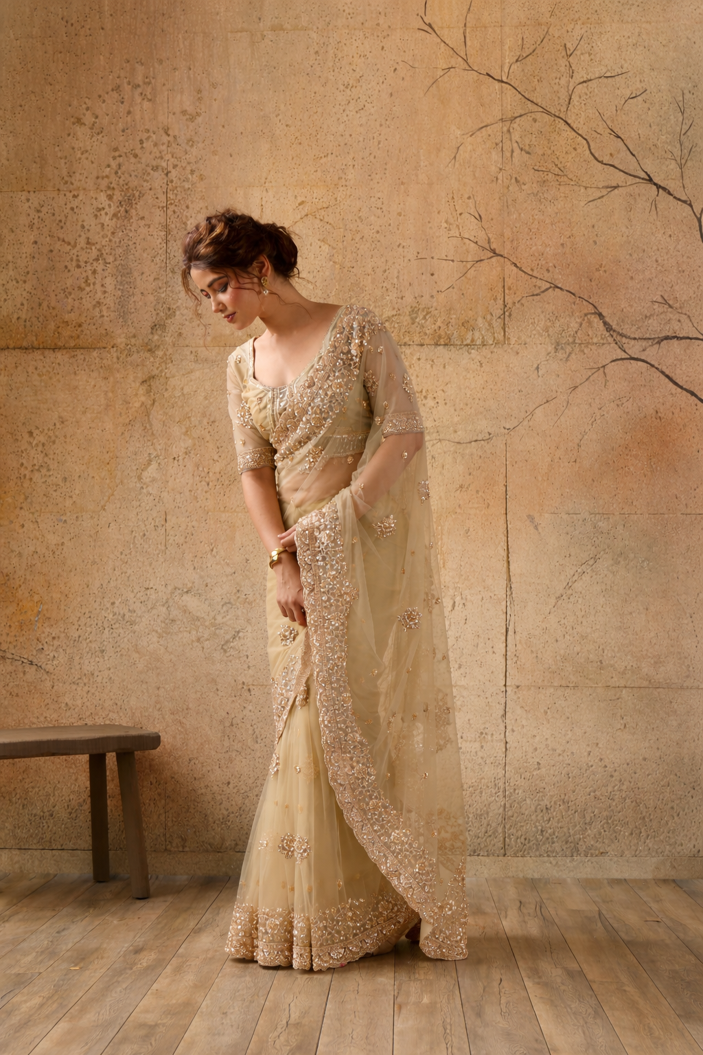 Beige Gold Net Saree with Hand Embroidery with Stitched Blouse