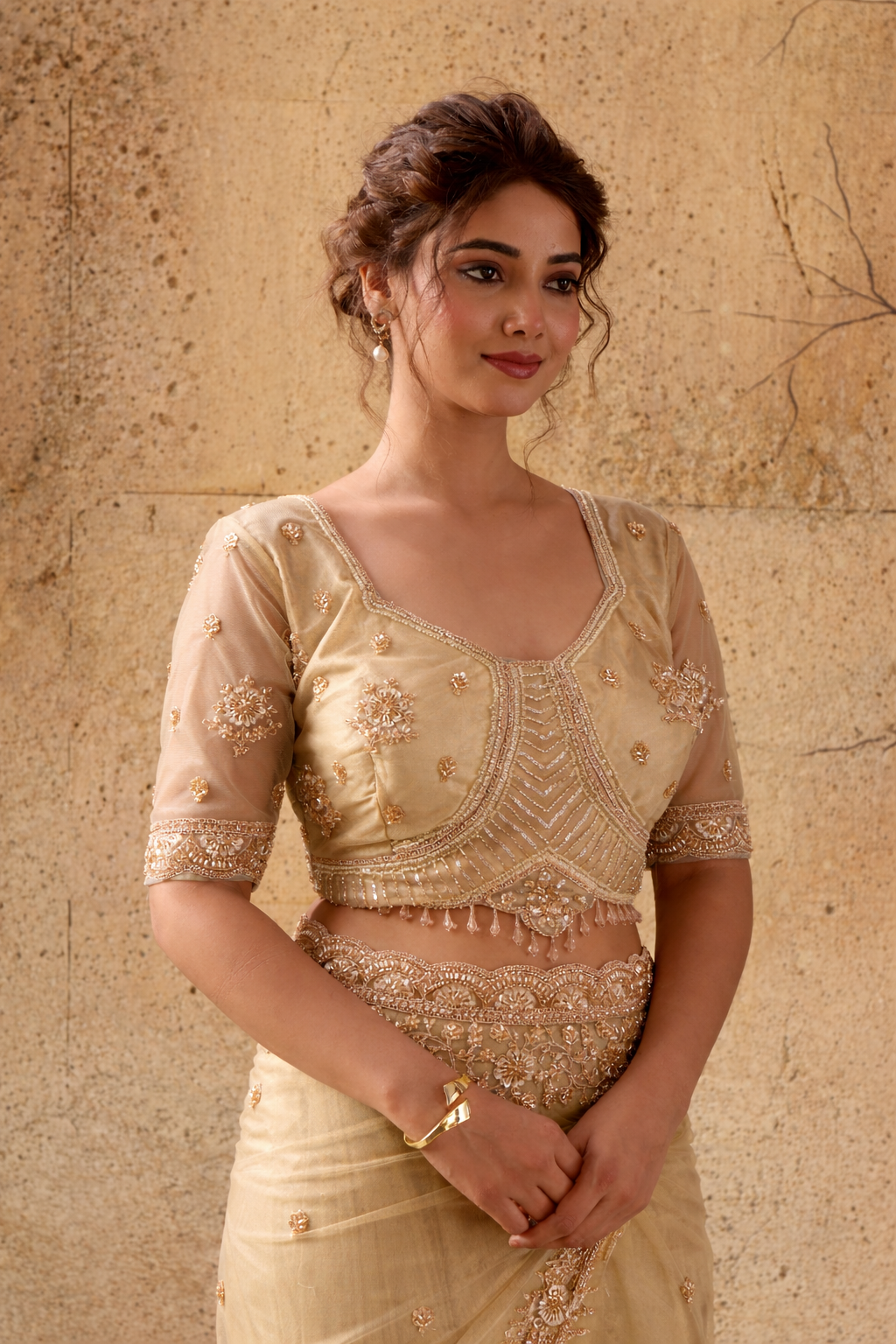 Beige Gold Net Saree with Hand Embroidery with Stitched Blouse