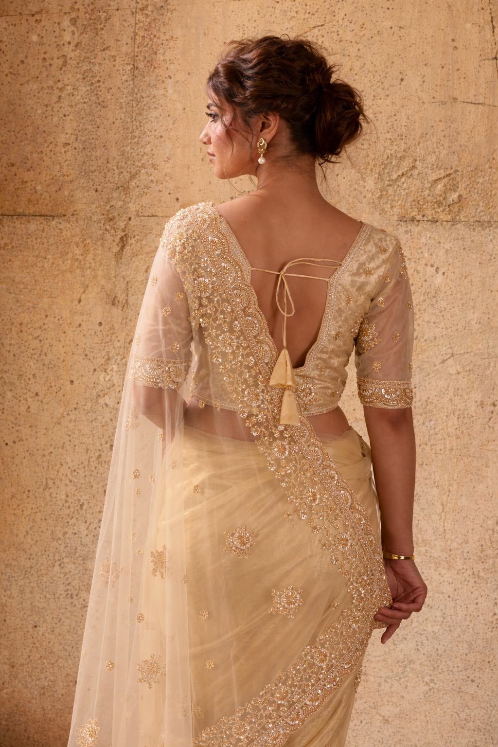 Beige Gold Net Saree with Hand Embroidery with Stitched Blouse