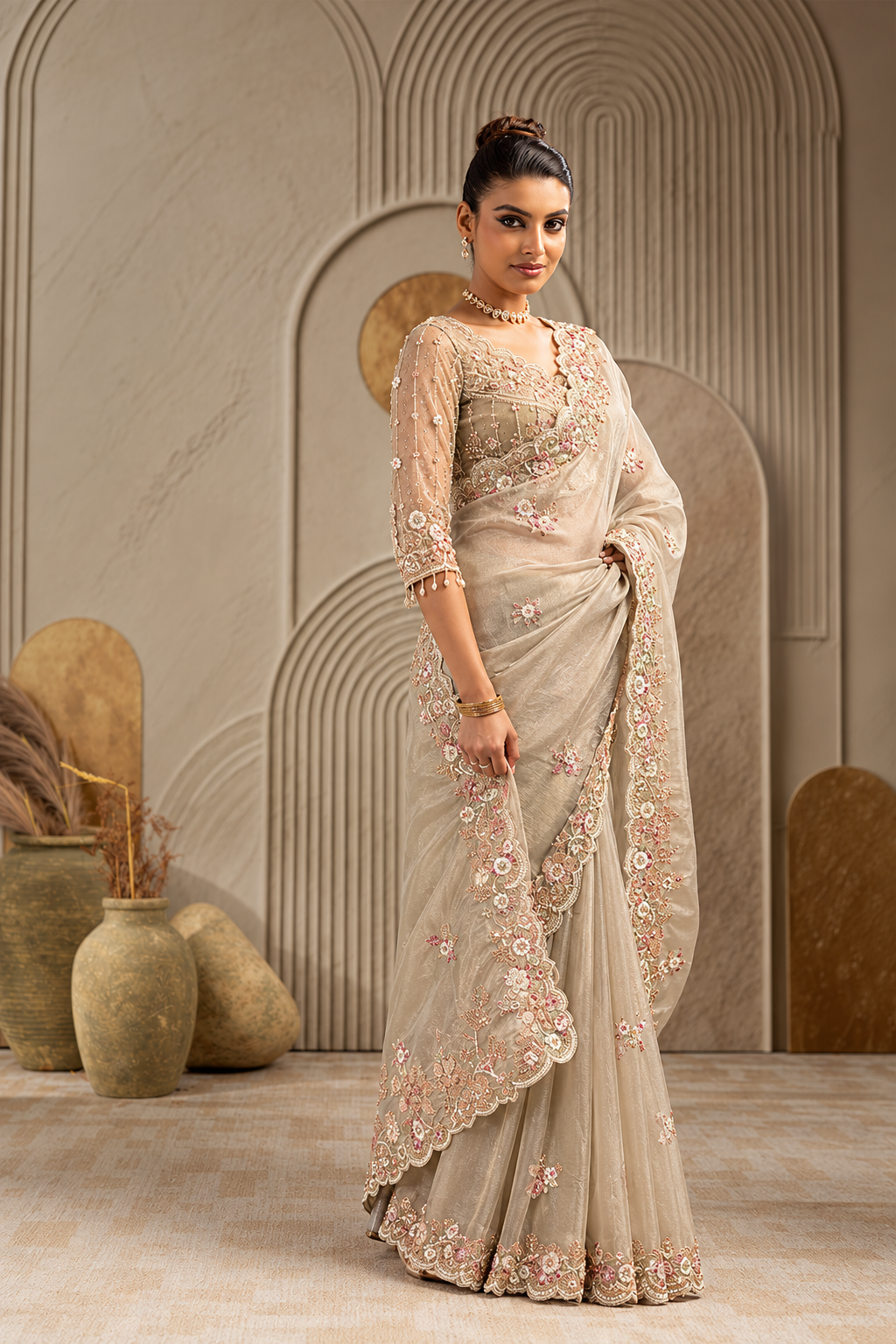 Golden Organza Silk Saree with Multicolor Floral Embroidery