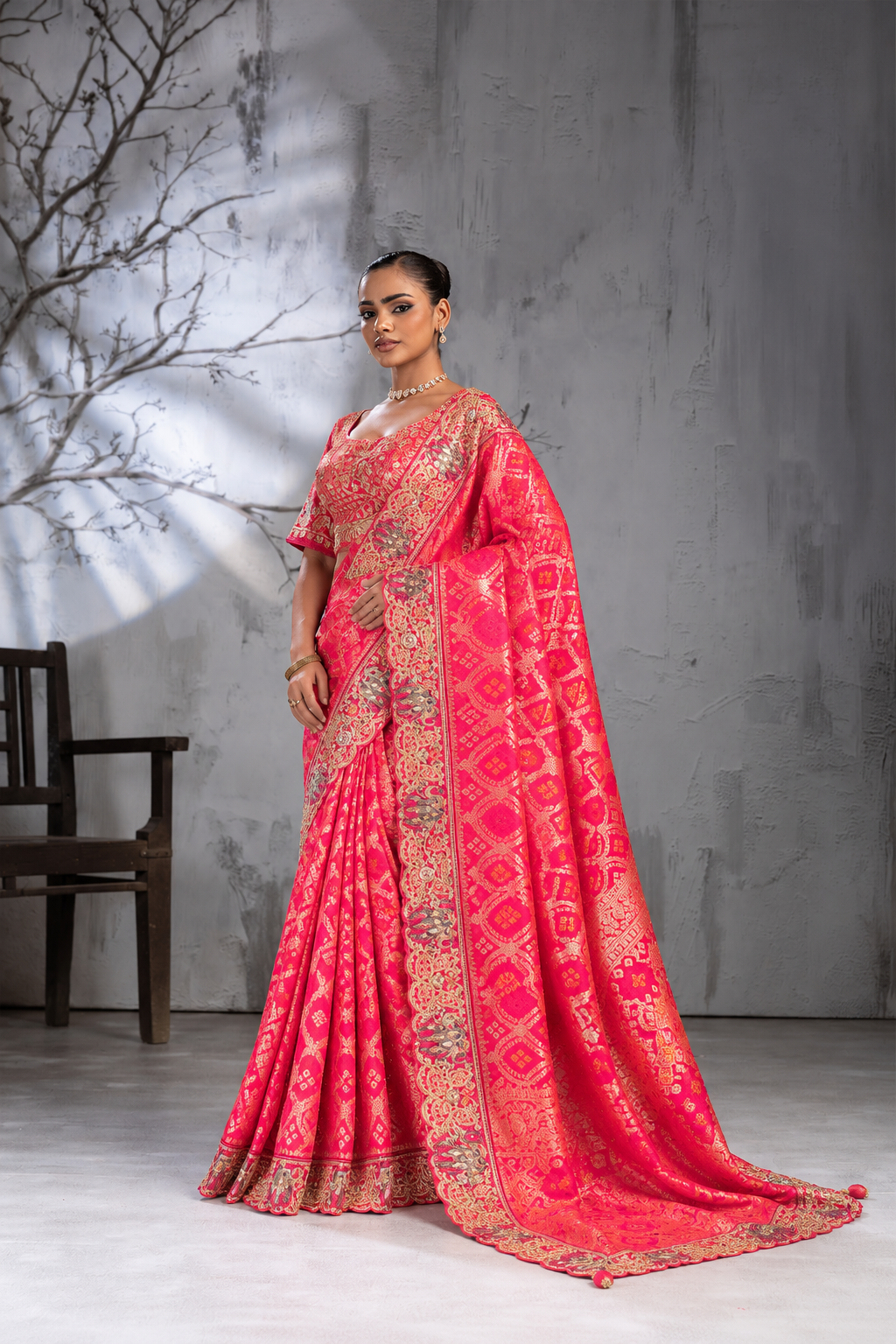 Red Silk Saree with Bandhani Print | Two Blouse Concept