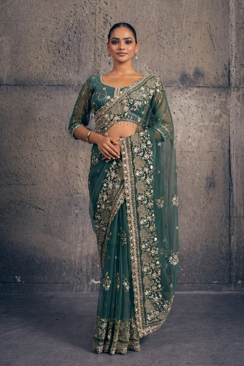 Emerald Green Net Saree with Hand Embroidery with Stitched Blouse