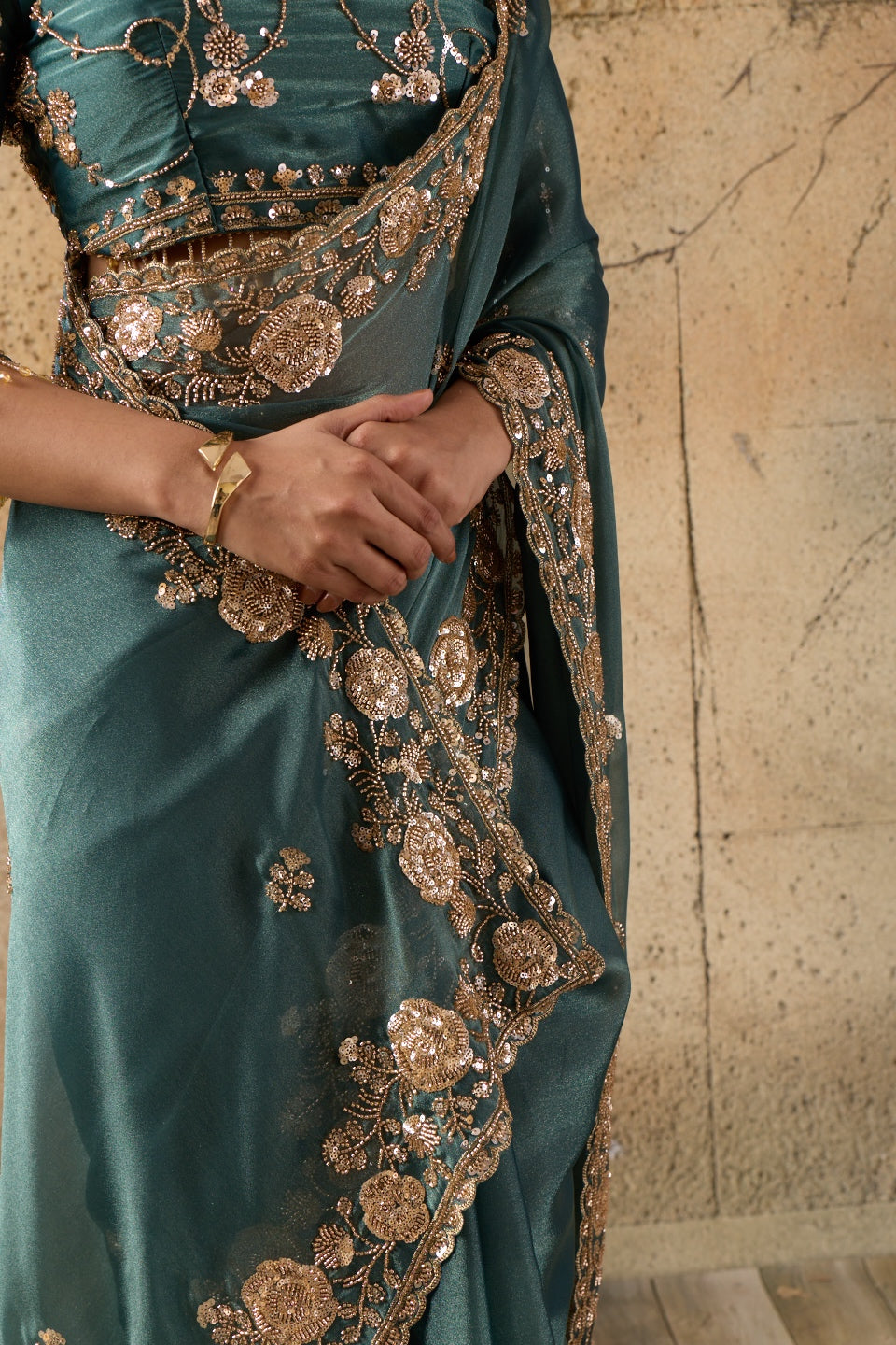 Bottle Green Organza Saree with Floral Hand Embroidery with Stitched Blouse