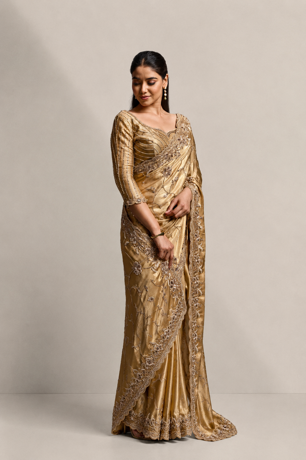 Warm Golden Silk Saree with Hand Embroidery With Stitched Blouse