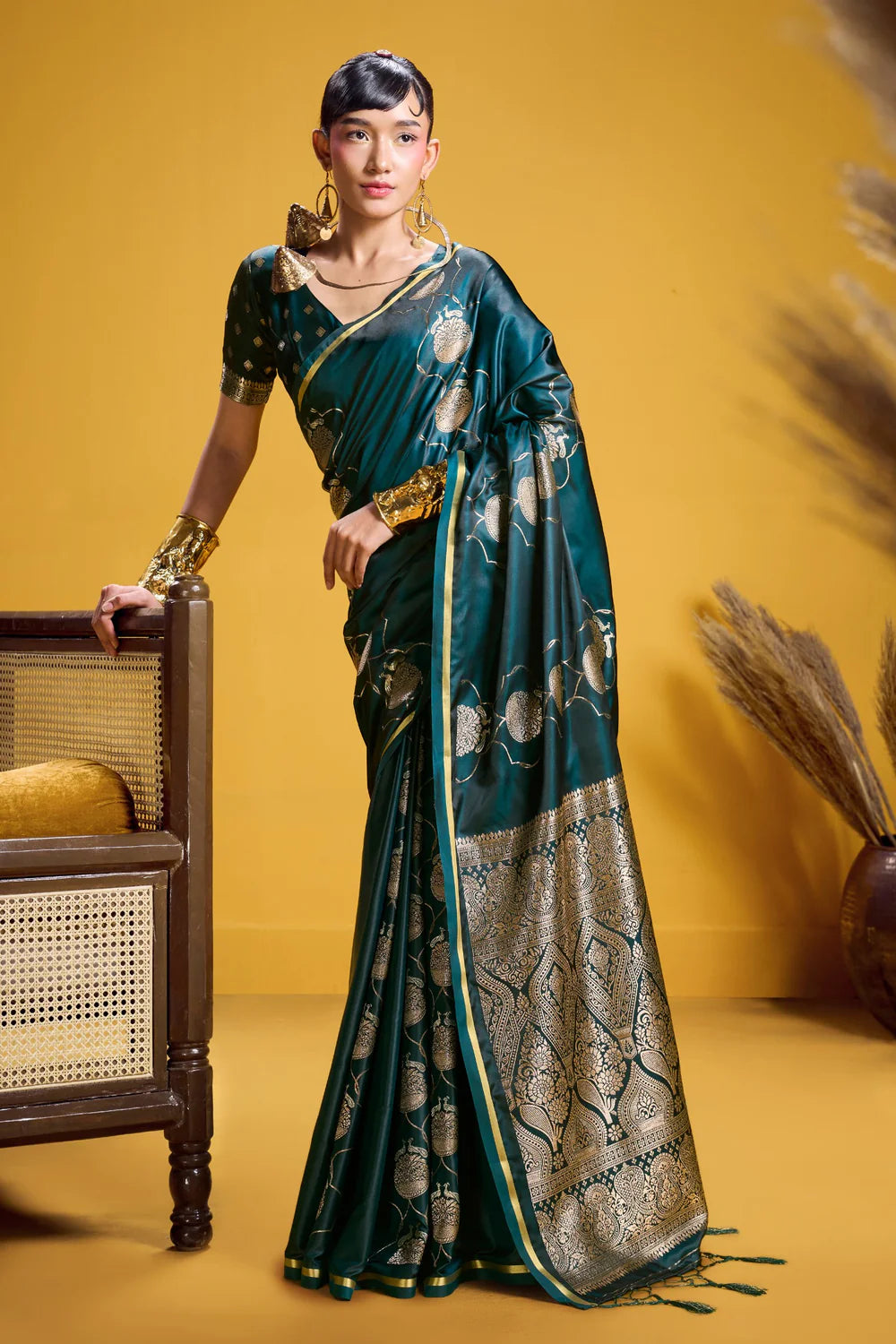 Emerald Green Pure Satin Handloom Saree with Gold Zari Weaving