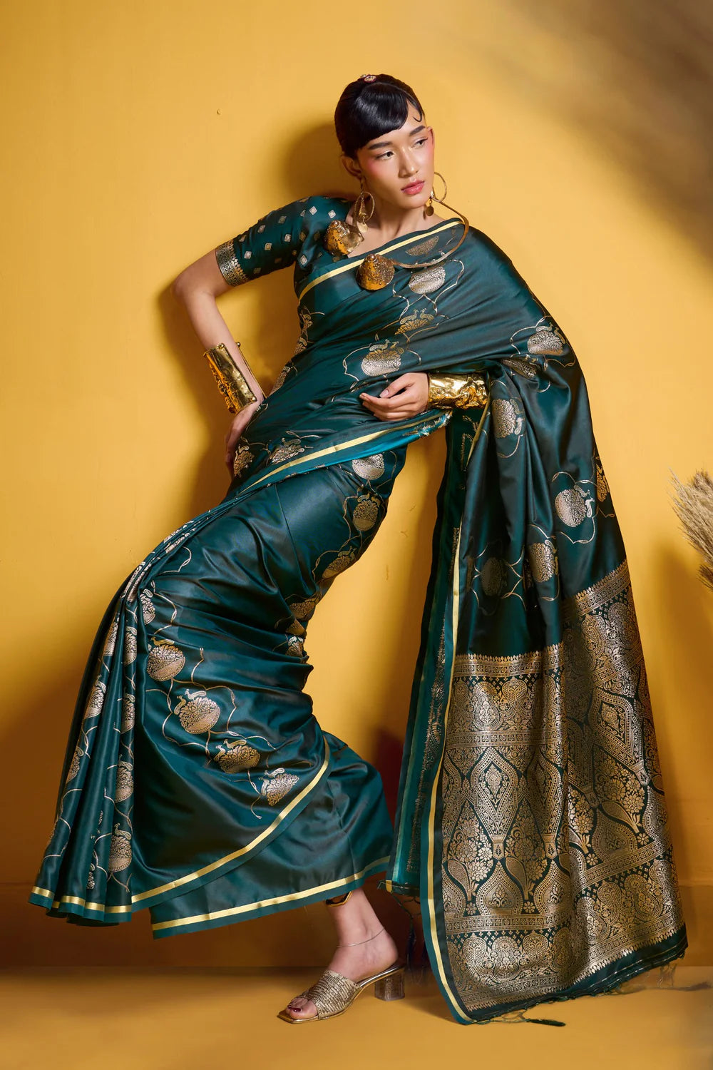 Emerald Green Pure Satin Handloom Saree with Gold Zari Weaving