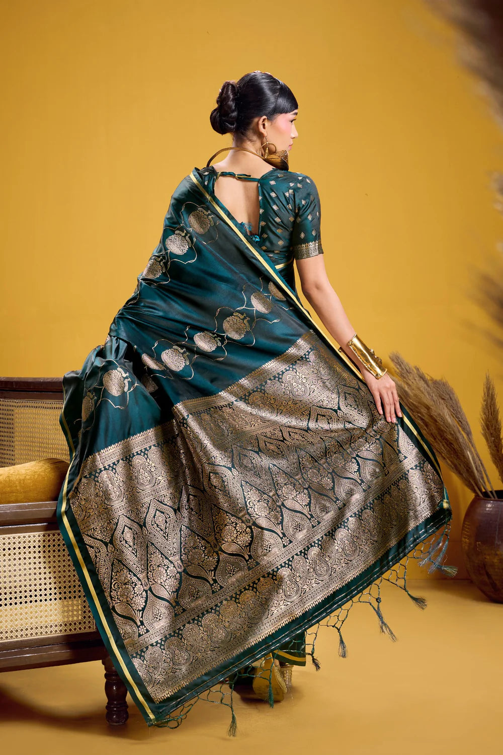 Emerald Green Pure Satin Handloom Saree with Gold Zari Weaving