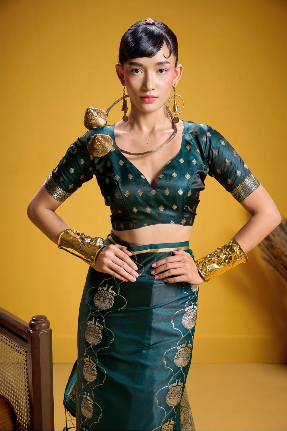 Emerald Green Pure Satin Handloom Saree with Gold Zari Weaving