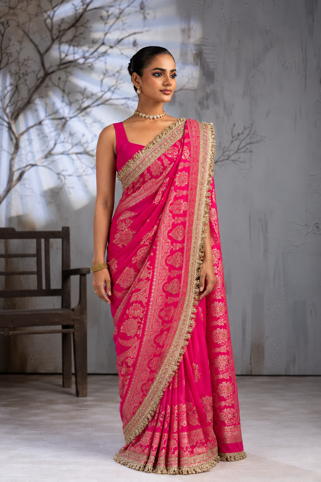 Fuchsia Pink Banarasi Silk Saree with Golden Zari Work & Gungroo Lace Border