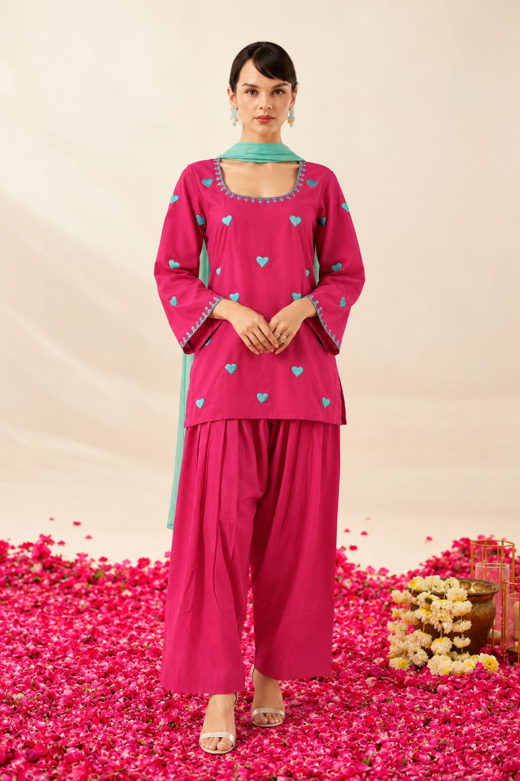 Pink Cotton Kurta Pant Set with Heart Embroidery