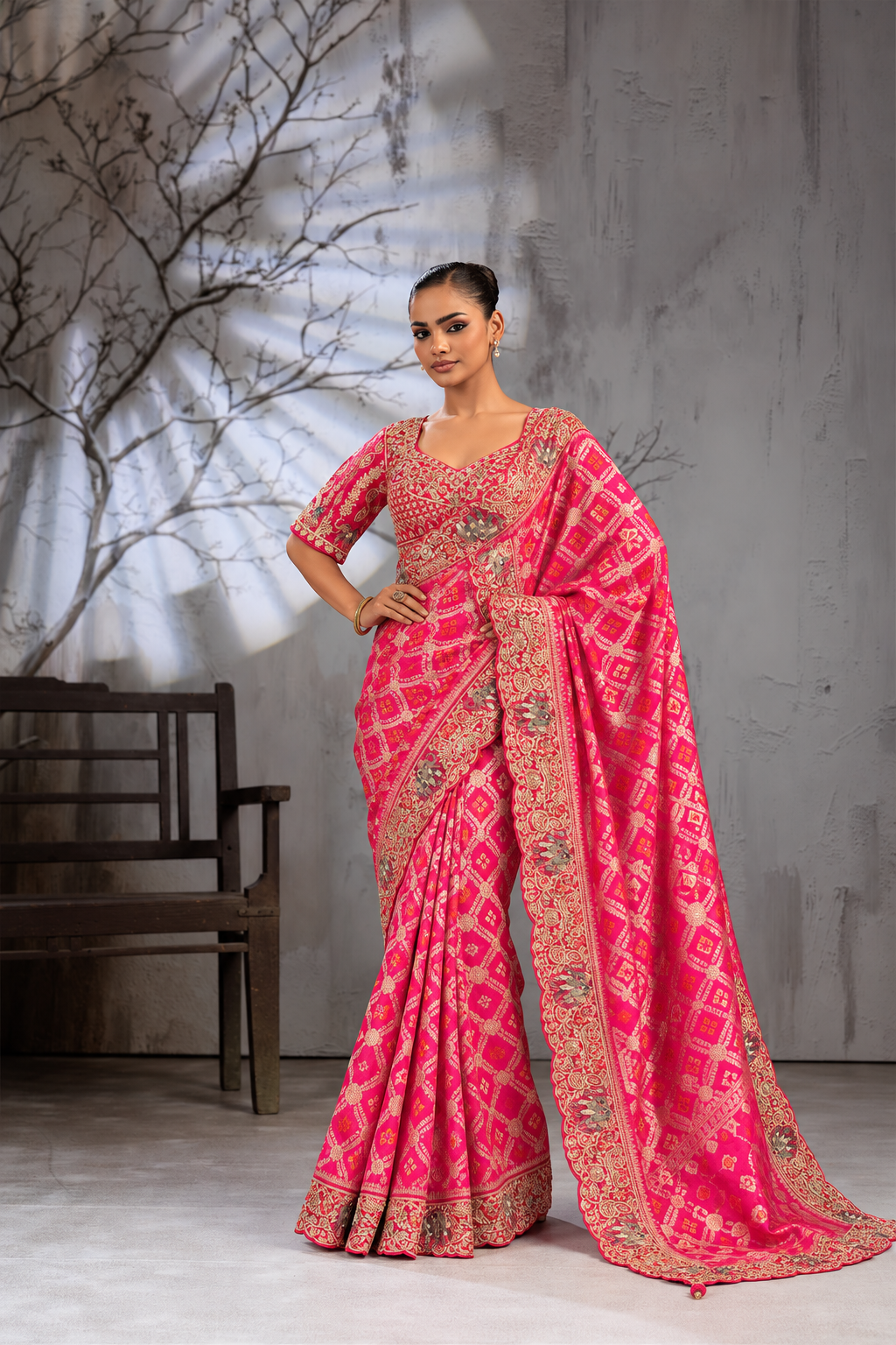Pink Silk Saree with Bandhani Print | Two Blouse Concept