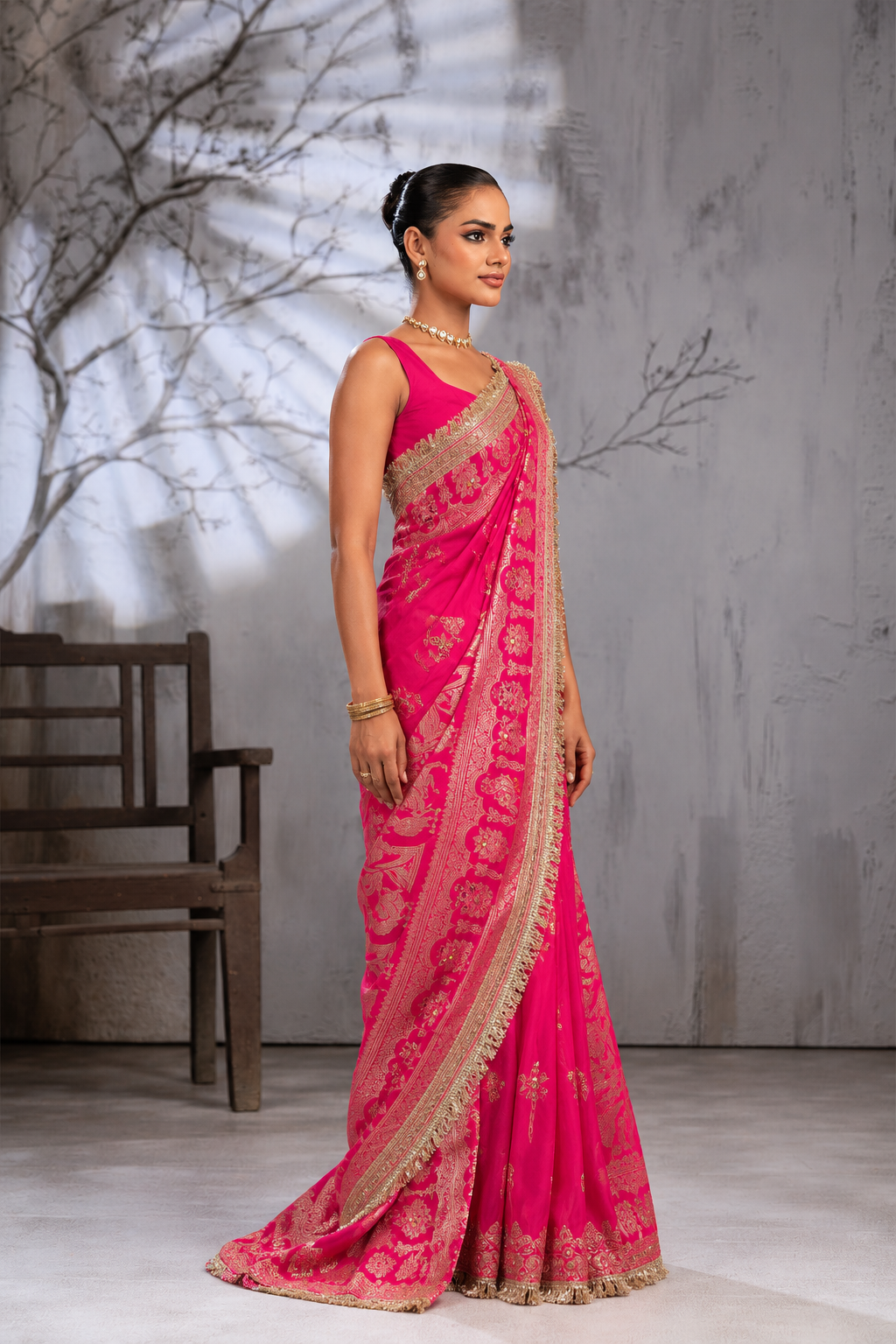 Fuchsia Pink Banarasi Silk Saree with Golden Zari Work & Gungroo Lace Border