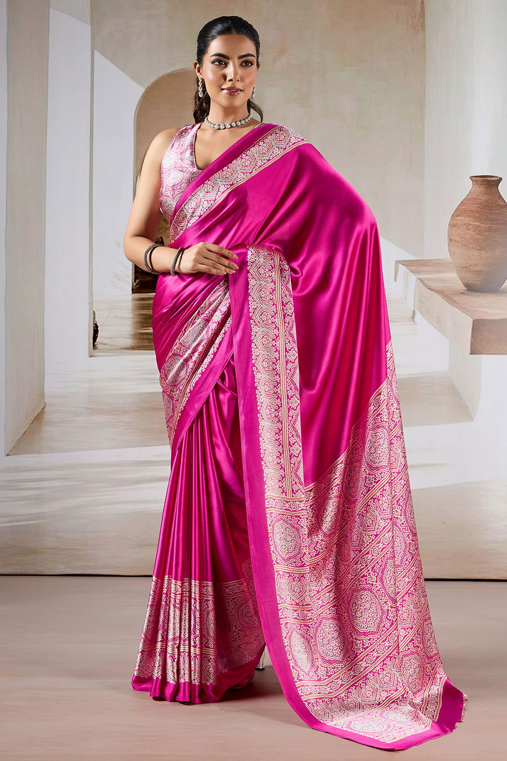 Fushcia Pink Satin Modal Silk Saree with Ajrakh Print - Mayrake.in