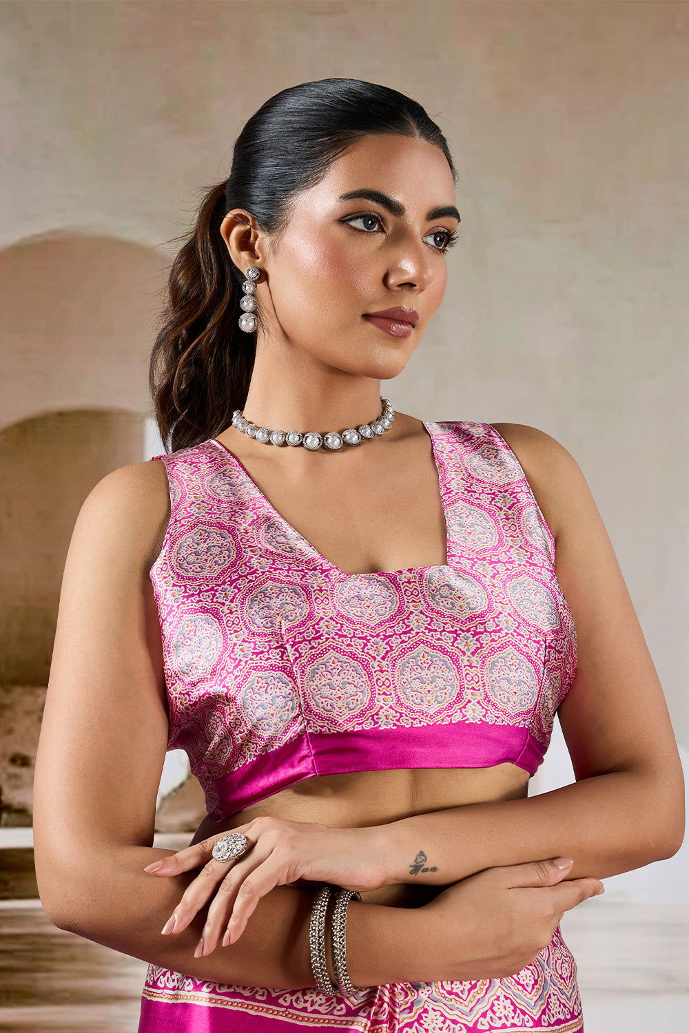 Fushcia Pink Satin Modal Silk Saree with Ajrakh Print - Mayrake.in