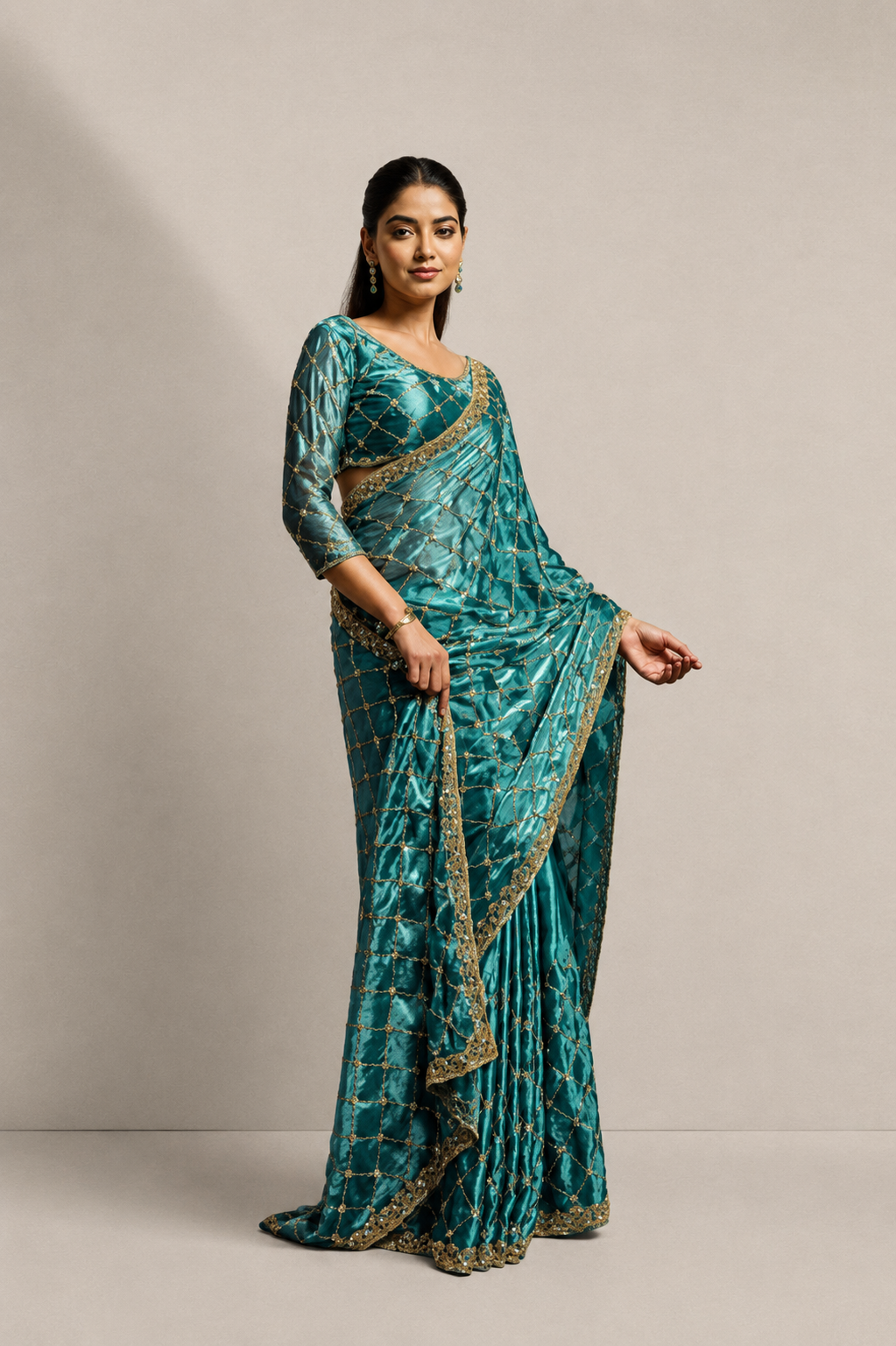 Teal Blue Organza Silk Saree with Hand Embroidery with Stitched Blouse