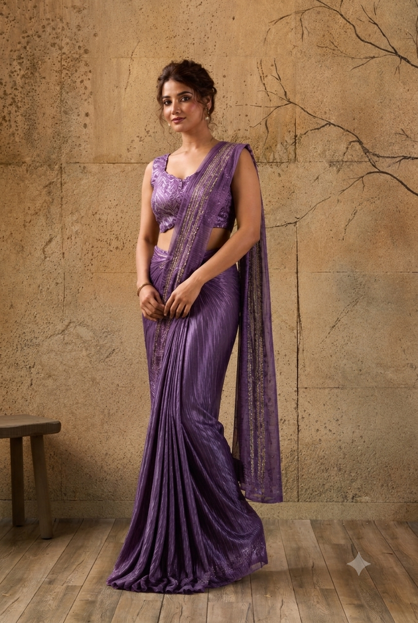 Dark Purple Georgette Pre-Draped Saree with Heavy Sequin Embroidered Ready to Wear Blouse