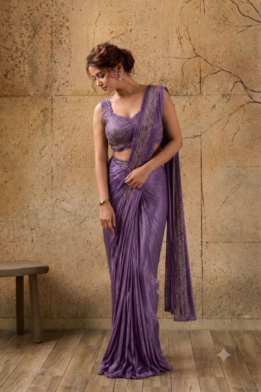 Dark Purple Georgette Pre-Draped Saree with Heavy Sequin Embroidered Ready to Wear Blouse