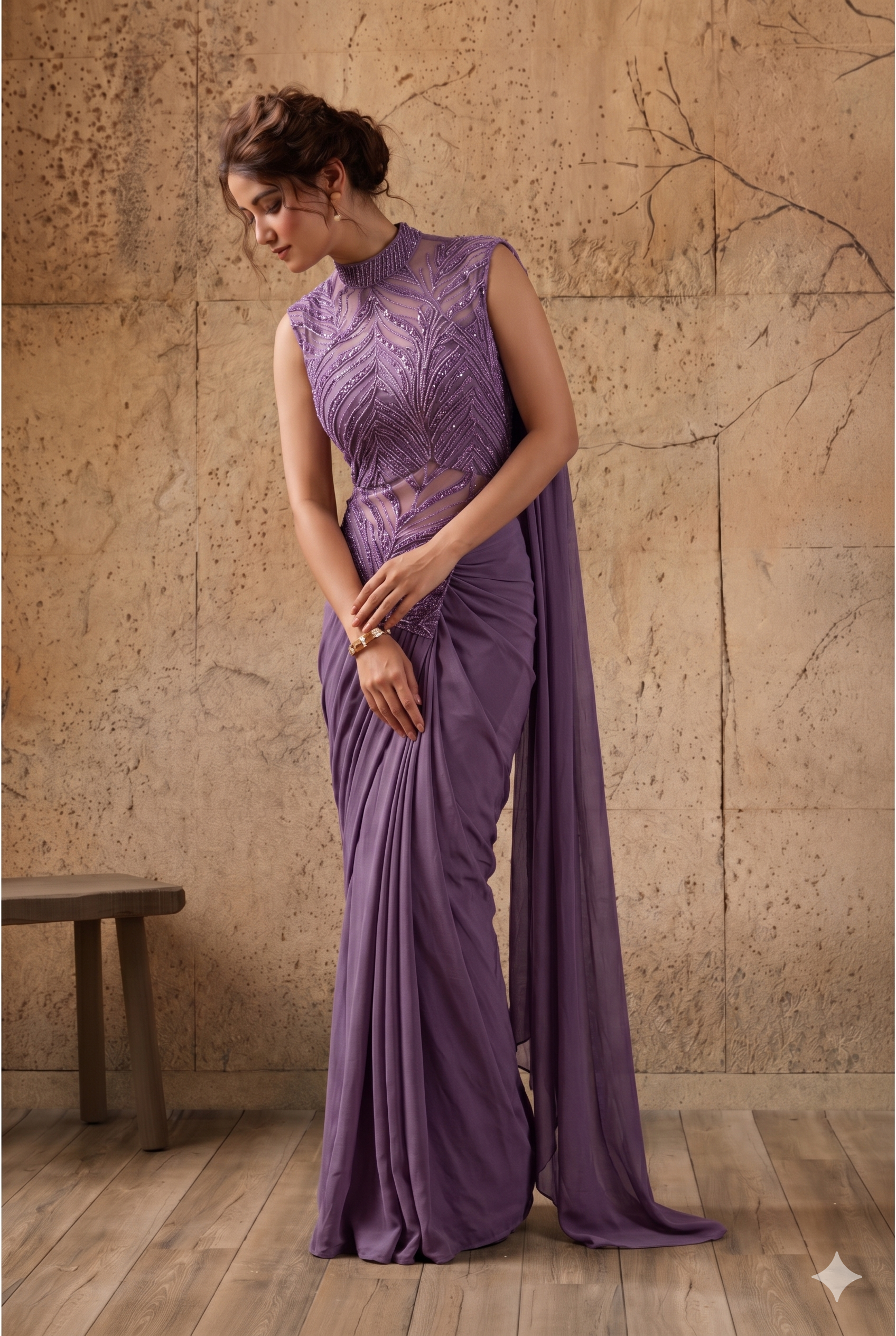 Purple Lycra Pre-Draped Saree with Sequin and Embroidered Ready to Wear Blouse