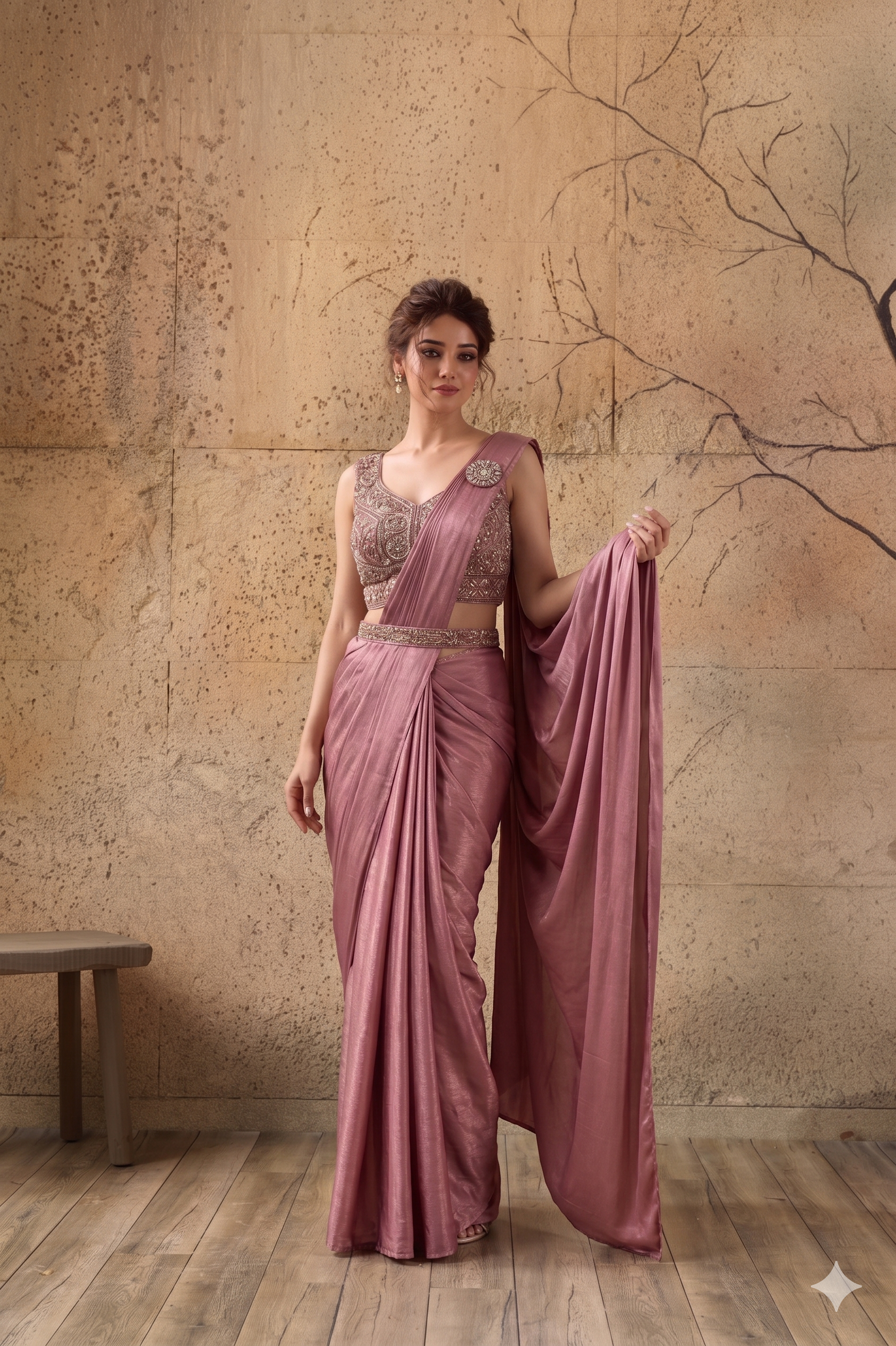 Rose Pink Lycra Pre-Draped Saree with Ready to Wear Blouse