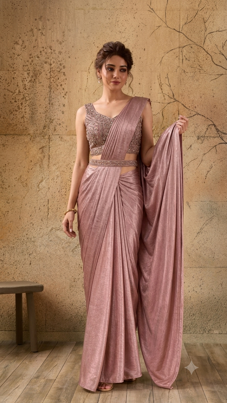 Light Rose Pink Lycra Pre-Draped Saree with Ready to Wear Blouse