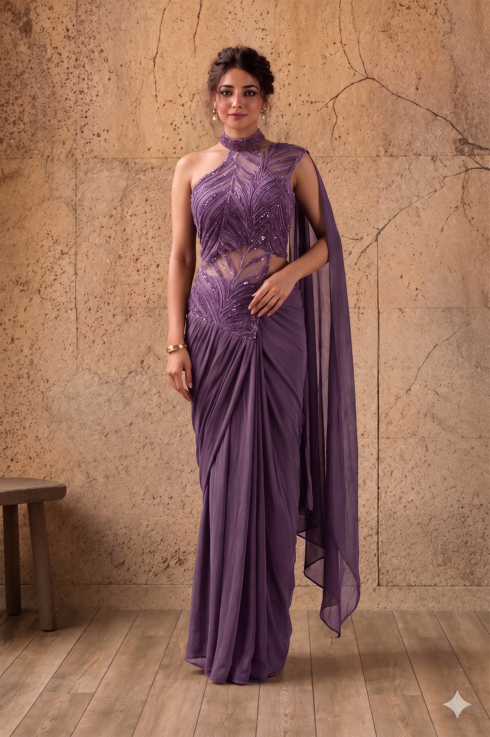 Purple Lycra Pre-Draped Saree with Sequin and Embroidered Ready to Wear Blouse