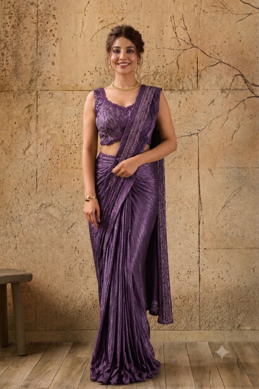 Dark Purple Georgette Pre-Draped Saree with Heavy Sequin Embroidered Ready to Wear Blouse