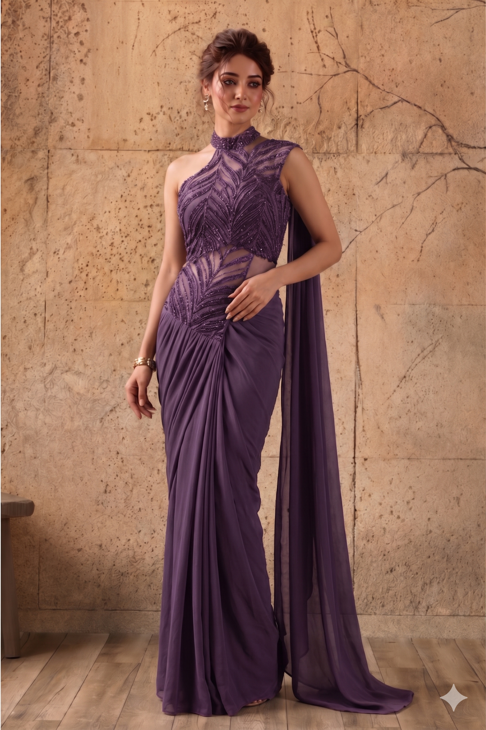 Purple Lycra Pre-Draped Saree with Sequin and Embroidered Ready to Wear Blouse