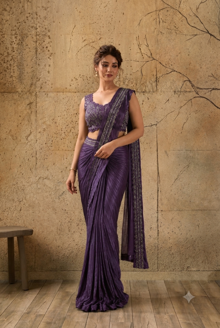Dark Purple Georgette Pre-Draped Saree with Heavy Sequin Embroidered Ready to Wear Blouse