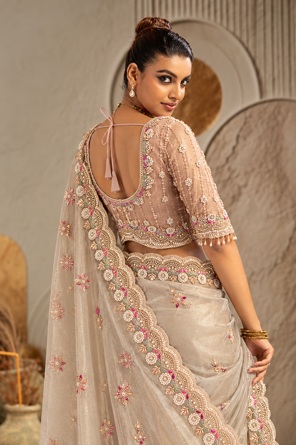 Golden Organza Silk Saree with Multicolor Floral Embroidery