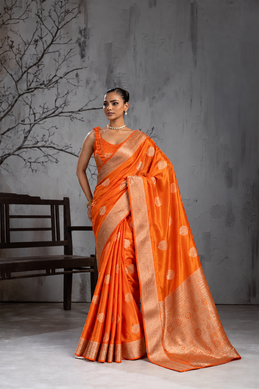 Orange Sattin Mungha Silk Saree with banarasi border