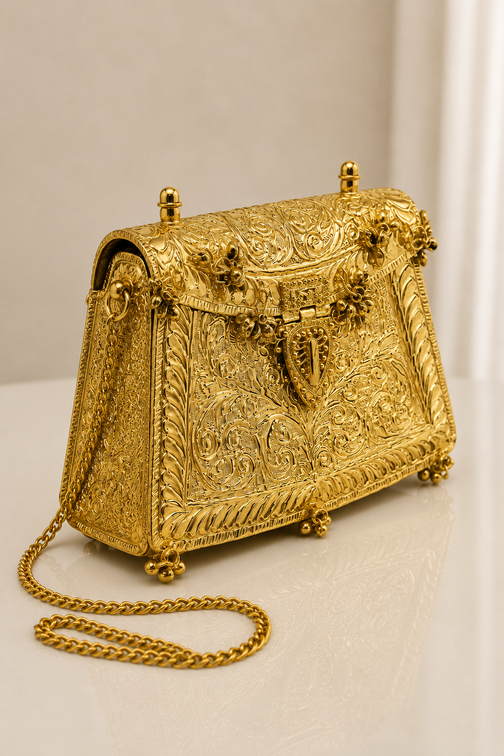 Gold Clutch with Antique Floral Engraved Design