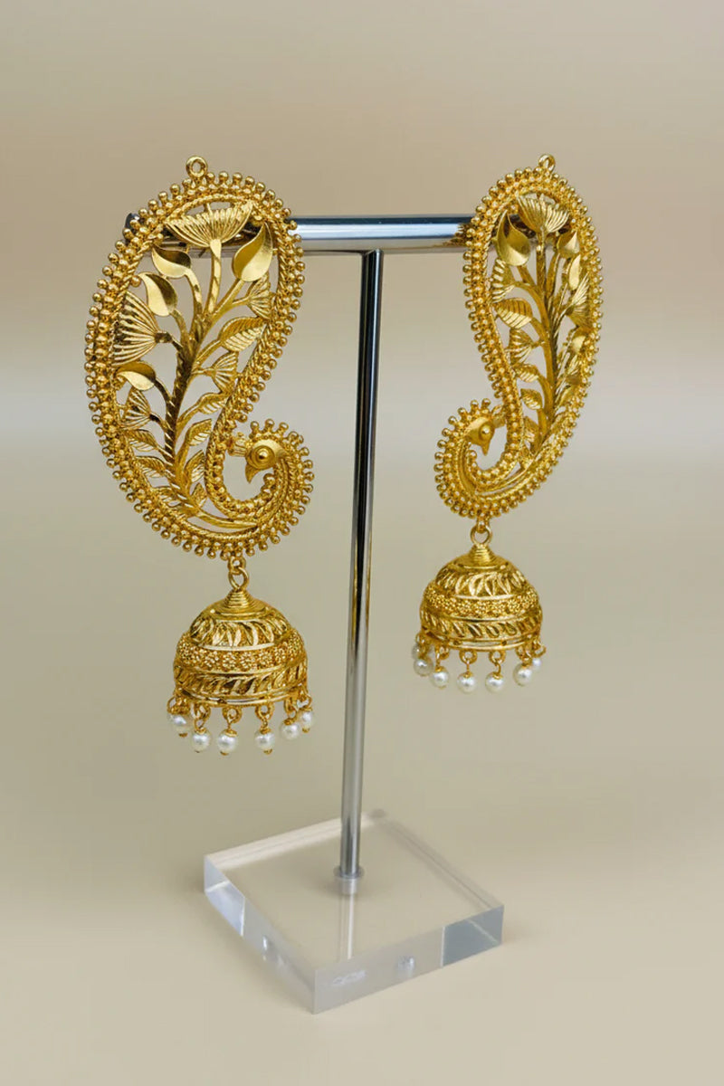 Gold Plated Jhumka Earring Cuff with Leave pattern Design