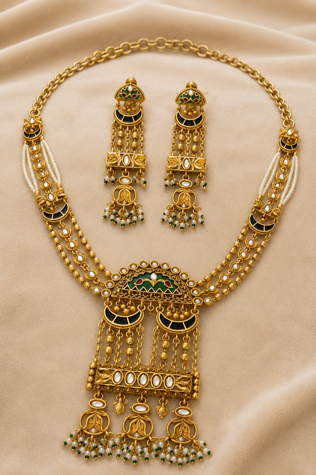 Gold-Tone Anti-Tarnish Traditional Kundan Meenakari Long Necklace Set with Pearl Strands