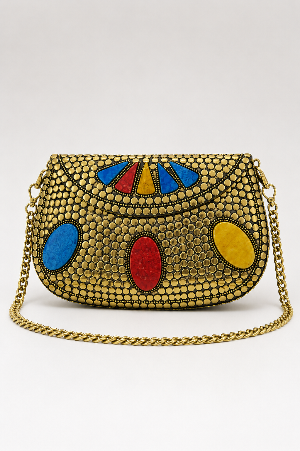 Golden Clutch with Multicolor Floral Kundan Stone Work