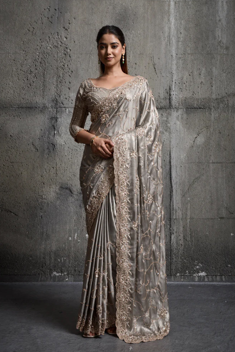 Golden Gray Silk Saree with Hand EmbroideryWith Stitched Blouse