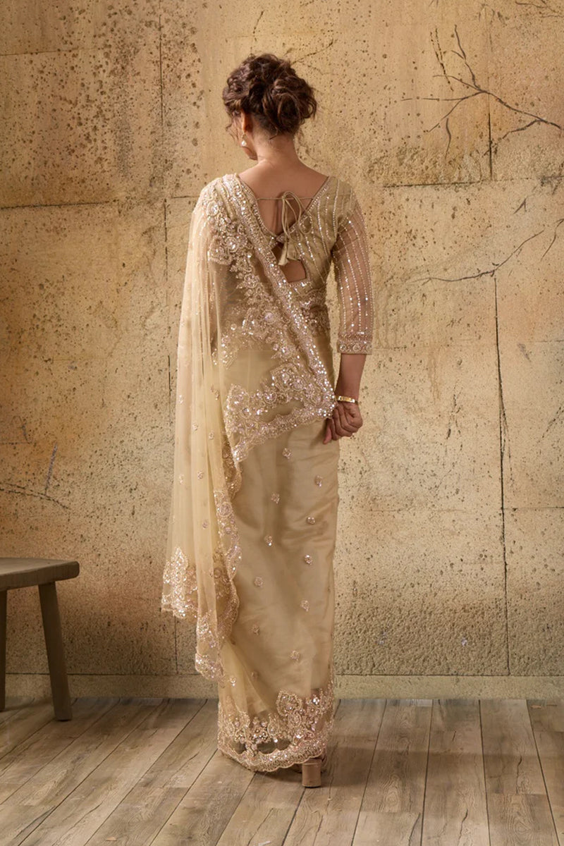Golden Net Saree With Sequin Hand Embroidery with Stitched Blouse