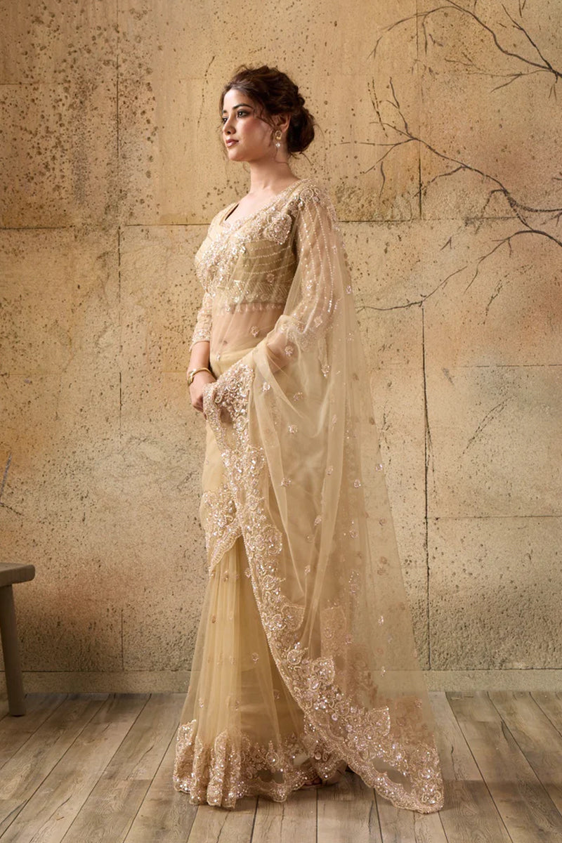 Golden Net Saree With Sequin Hand Embroidery with Stitched Blouse