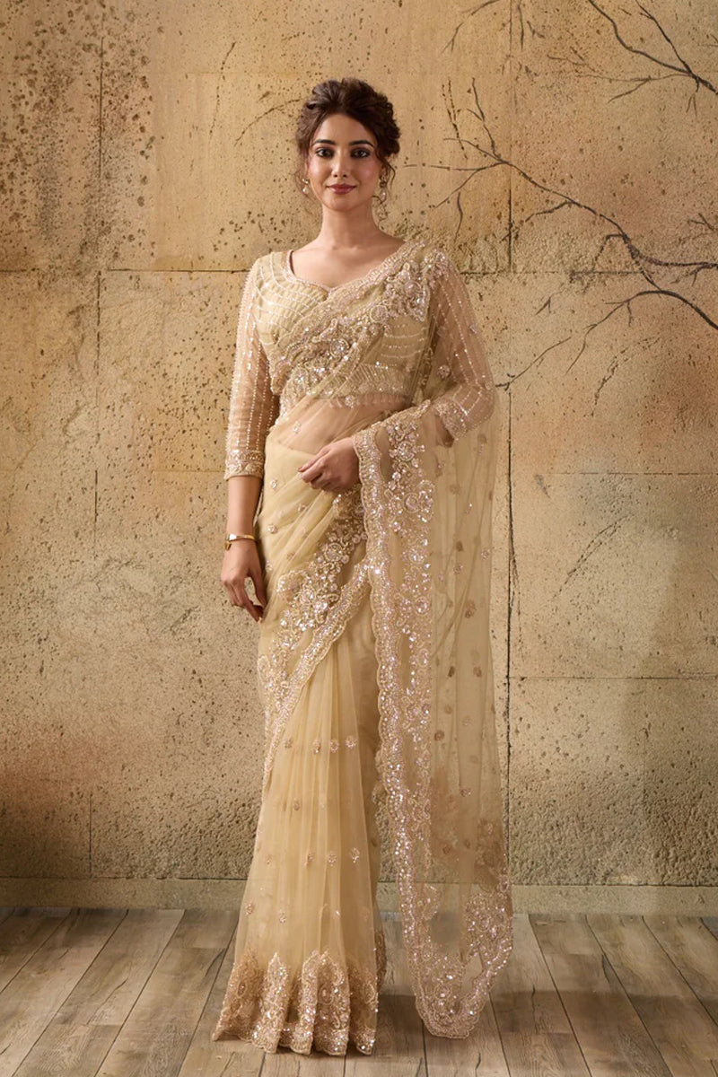 Golden Net Saree With Sequin Hand Embroidery with Stitched Blouse