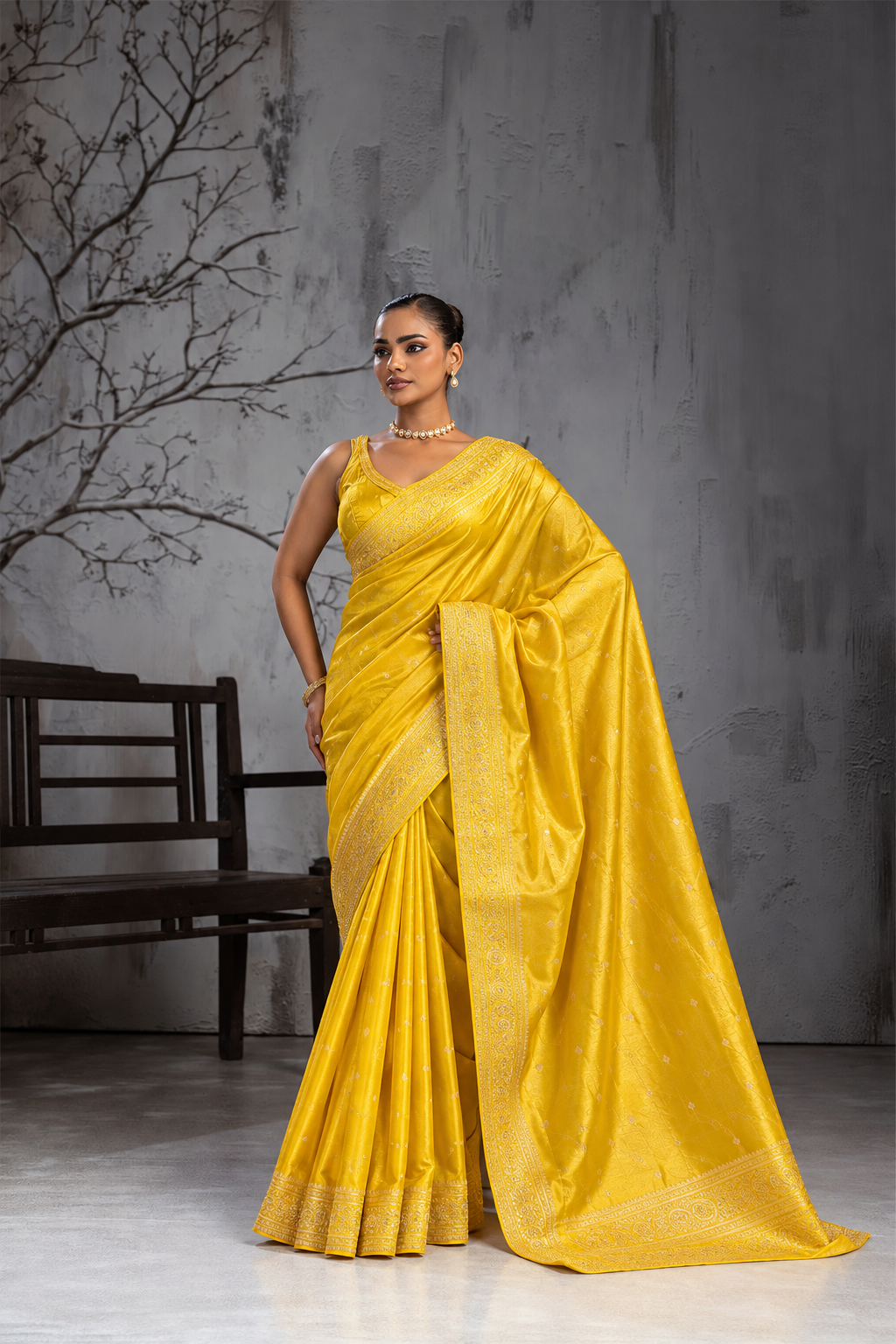 Yellow Sattin Mungha Silk Saree with banarasi border