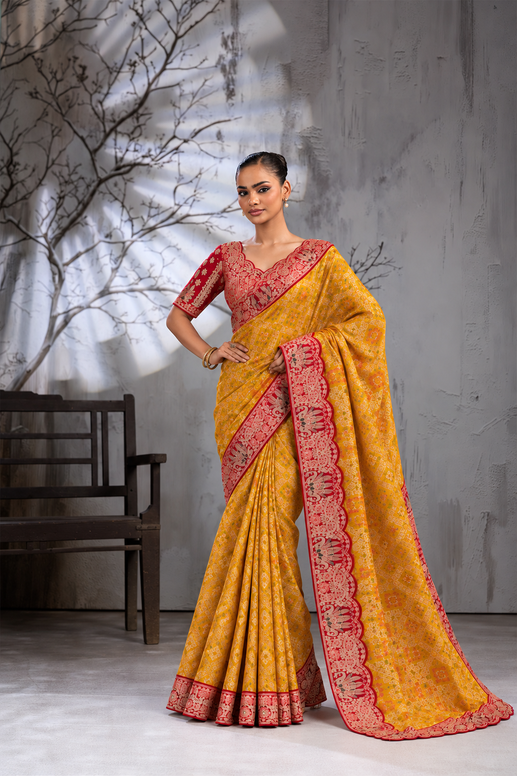 Yellow Silk Saree with Bandhani Print | Two Blouse Concept