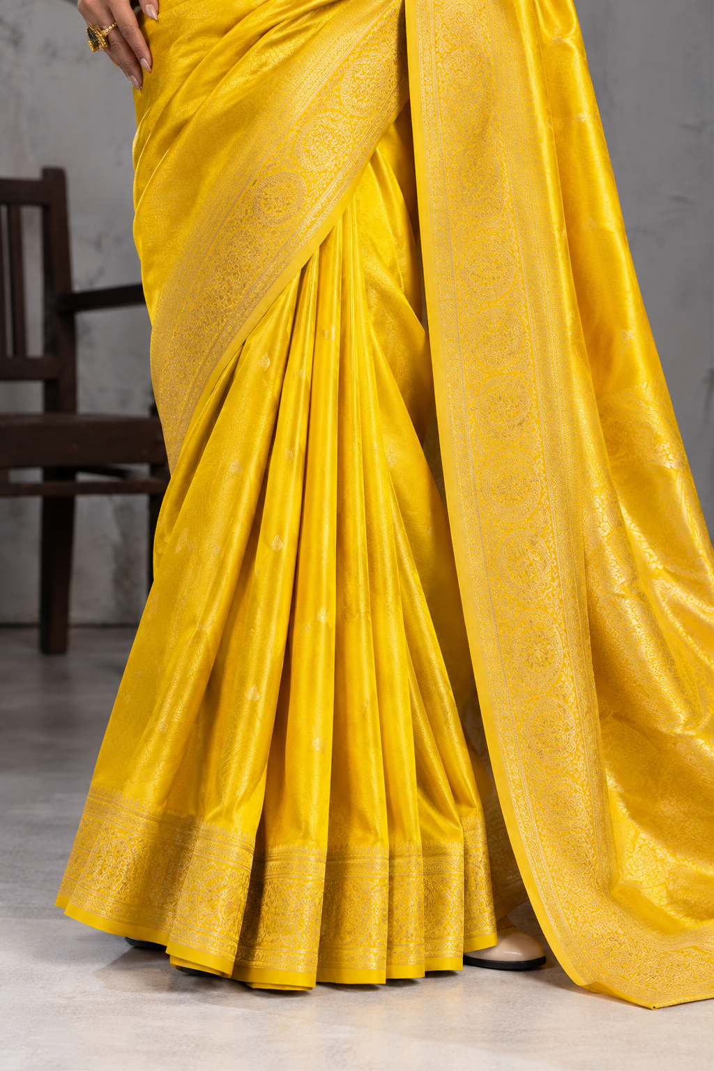 Yellow Sattin Mungha Silk Saree with banarasi border
