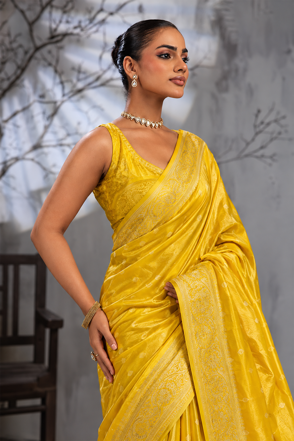 Yellow Sattin Mungha Silk Saree with banarasi border