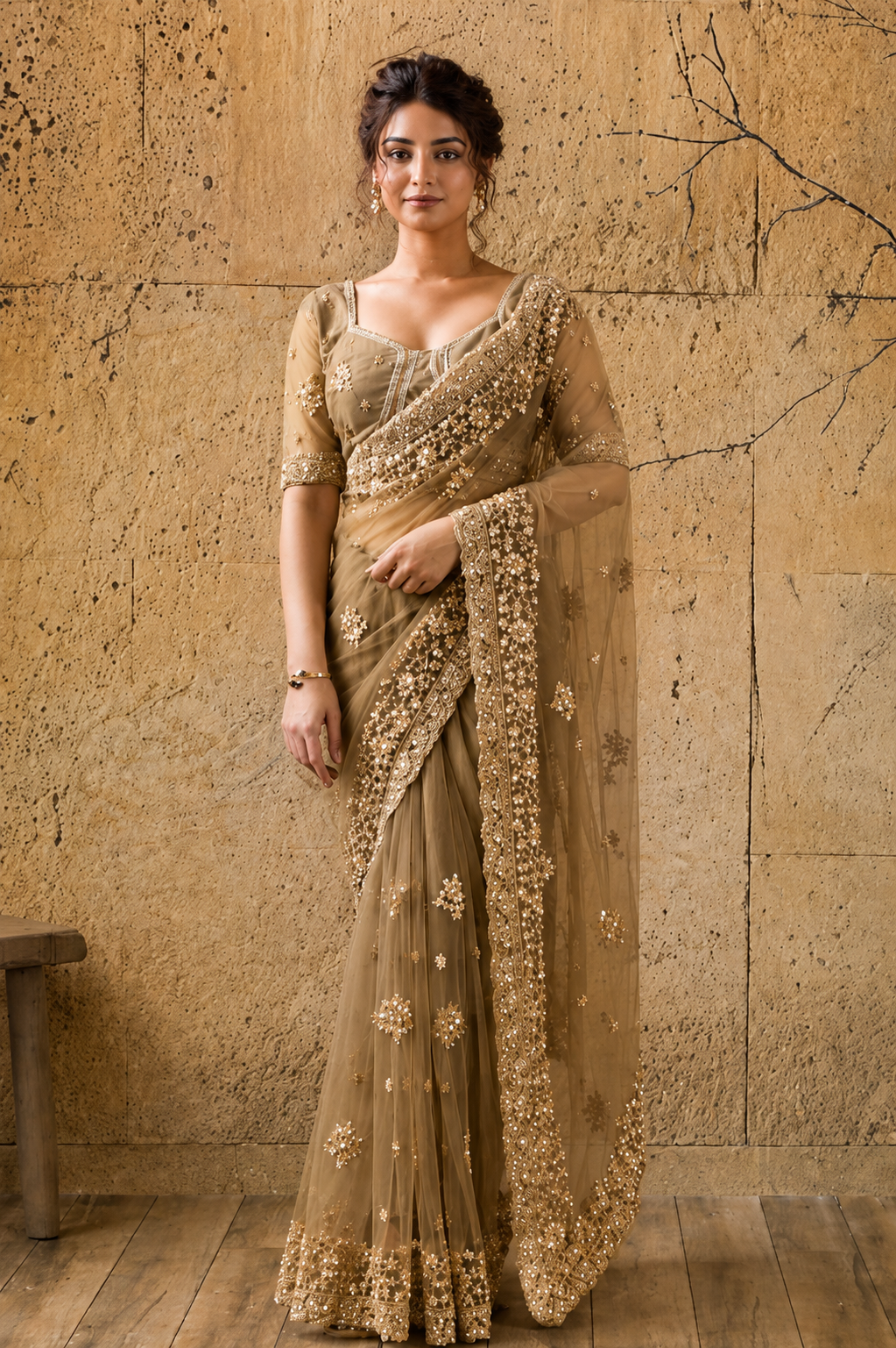 Dark Golden Net Saree with Hand Embroidery with Stitched Blouse